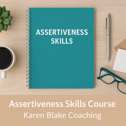 Visual summary of the Assertiveness Skills Course featuring icons for confidence, communication, and conflict resolution, with text highlights of key learning outcomes.