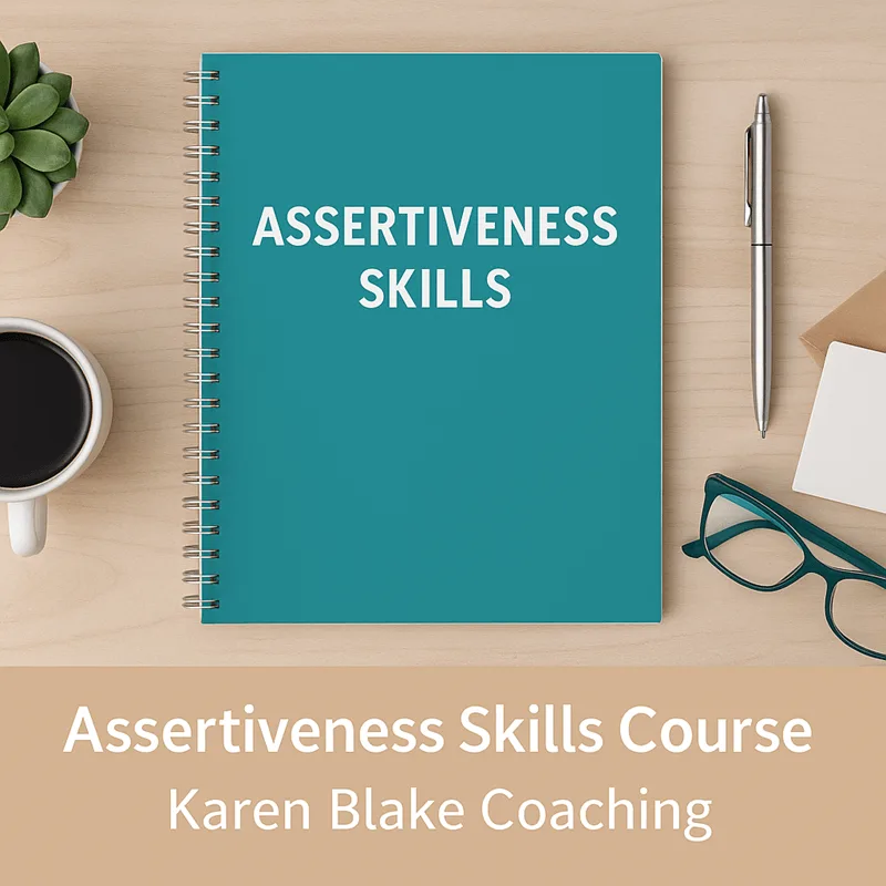 Visual summary of the Assertiveness Skills Course featuring icons for confidence, communication, and conflict resolution, with text highlights of key learning outcomes.