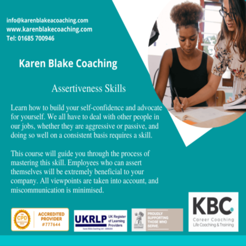 Assertiveness Skills Course promotional image by Karen Blake Coaching, featuring course description, contact details, and CPD accreditation badges