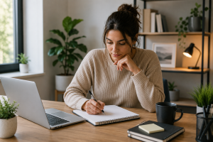 Candidate preparing for a job interview using notes and a laptop