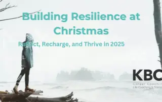 A person standing on driftwood near a stormy sea, symbolising reflection and resilience at Christmas. Text overlay: 'Building Resilience at Christmas – Reflect, Recharge, and Thrive in 2025'.