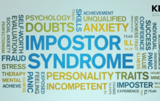 Word cloud related to imposter syndrome including terms such as anxiety, doubts, confidence, and personality traits, with KBC Career Coaching logo.