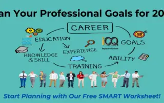 Infographic on career planning with elements like education, experience, and goals, featuring diverse professionals and a call-to-action for a SMART worksheet.