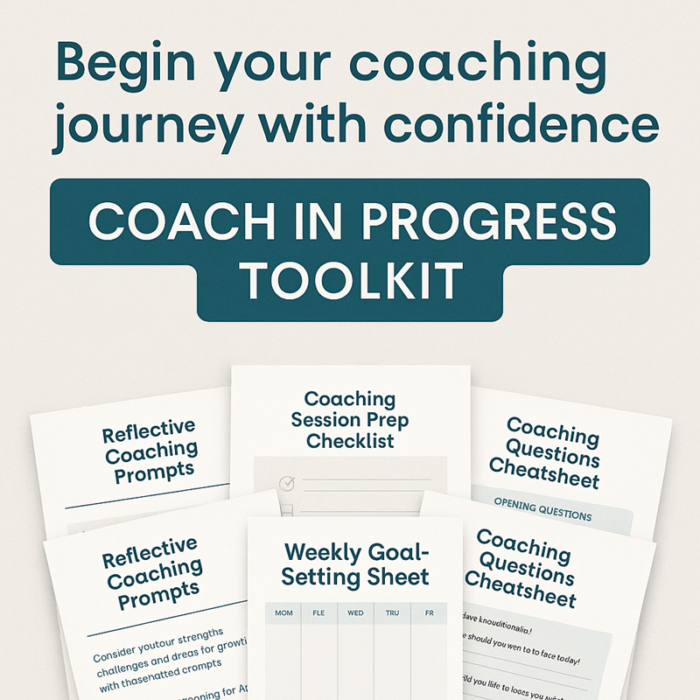 Coach in Progress Toolkit cover and resource preview – printable coaching sheets designed to support new coaches with confidence and structure