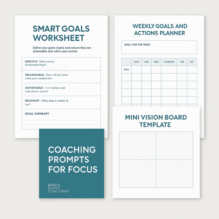 Preview of SMART Goals Bundle including worksheet, coaching prompts, weekly planner, and vision board template