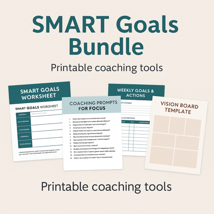 Overview of the SMART Goals Bundle showing worksheet, planner, coaching prompts, and vision board template